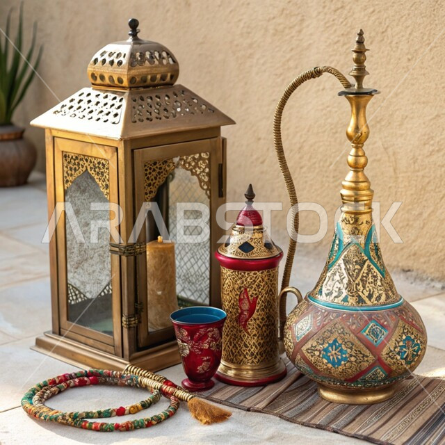 المعدات القديمة المصنوعة من النحاس, منتجات محلية وطنية, أصالة وعراقة العادات والتقاليد في المملكة العربية السعودية, الحرف اليدوية التراثية, مهن وصناعات شعبية, الأدوات النحاسية التقليدية, فانوس مزخرف وشيشة عربية