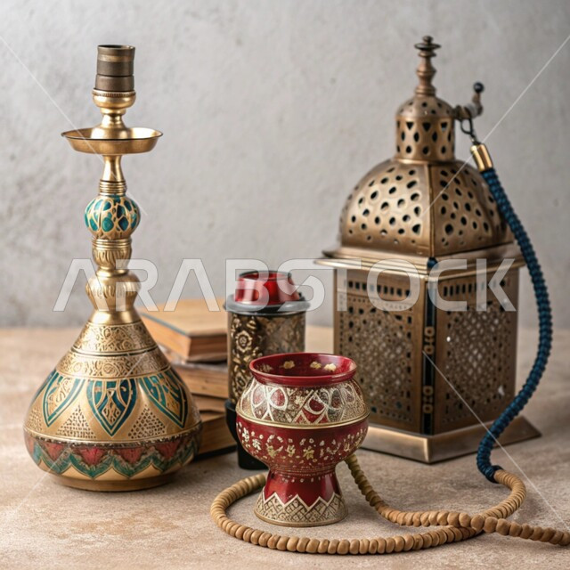 المعدات القديمة المصنوعة من النحاس, منتجات محلية وطنية, أصالة وعراقة العادات والتقاليد في المملكة العربية السعودية, الحرف اليدوية التراثية, مهن وصناعات شعبية, الأدوات النحاسية التقليدية, فانوس مزخرف وشيشة عربية