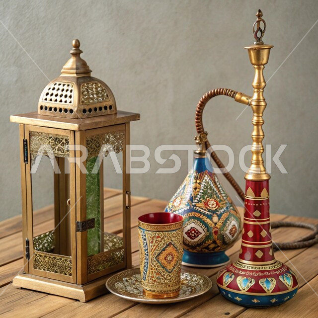 Old copper equipment, local national products, authenticity and antiquity of customs and traditions in the Kingdom of Saudi Arabia, heritage handicrafts, popular professions and industries, traditional copper tools, decorated lantern and Arabic hookah