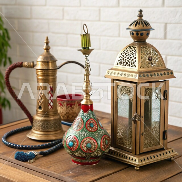 فانوس معدني مزخرف وشيشة عربية, الحرف اليدوية التراثية, مهن وصناعات شعبية, الأدوات النحاسية التقليدية, المعدات القديمة المصنوعة من النحاس, منتجات محلية وطنية, أصالة وعراقة العادات والتقاليد في المملكة العربية السعودية