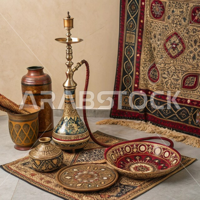 أواني معدنية مزخرفة وشيشة عربية, الحرف اليدوية التراثية, مهن وصناعات شعبية, الأدوات النحاسية التقليدية, المعدات القديمة المصنوعة من النحاس, منتجات محلية وطنية, أصالة وعراقة العادات والتقاليد في المملكة العربية السعودية