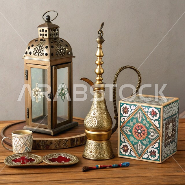 Traditional copper tools, old copper equipment, local national products, authenticity and antiquity of customs and traditions in the Kingdom of Saudi Arabia, decorated metal lantern and Arabic hookah, traditional handicrafts, popular professions and industries