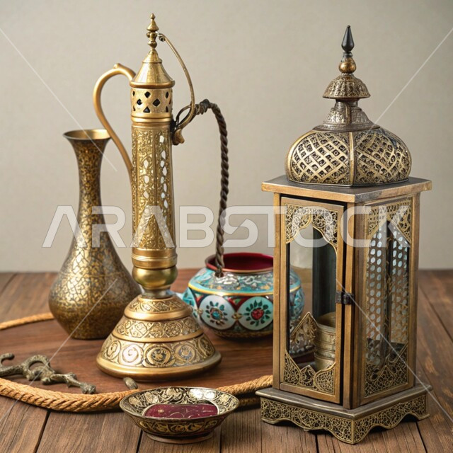 مهن وصناعات شعبية, الأدوات النحاسية التقليدية, المعدات القديمة المصنوعة من النحاس, منتجات محلية وطنية, أصالة وعراقة العادات والتقاليد في المملكة العربية السعودية, فانوس معدني مزخرف وشيشة عربية, الحرف اليدوية التراثية