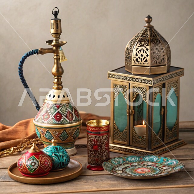 الأدوات العربية تقليدية المصنوعة من النحاس, فانوس معدني مزخرف وشيشة عربية, عراقة وأصالة العادات والتقاليد في المملكة العربية السعودية, الصناعات والحرف اليدوية التراثية, معدات ومصنوعات نحاسية شعبية, منتجات محلية وطنية