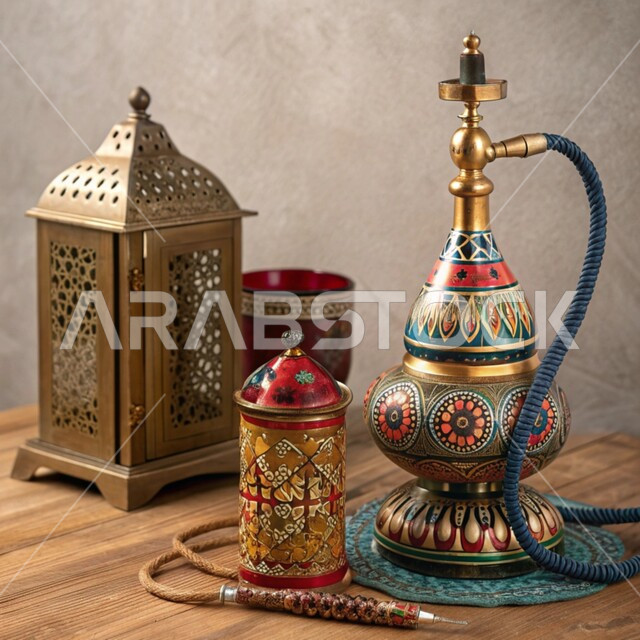 منتجات محلية وطنية, الأدوات العربية تقليدية المصنوعة من النحاس, فانوس معدني مزخرف وشيشة عربية, عراقة وأصالة العادات والتقاليد في المملكة العربية السعودية, الصناعات والحرف اليدوية التراثية, معدات ومصنوعات نحاسية شعبية