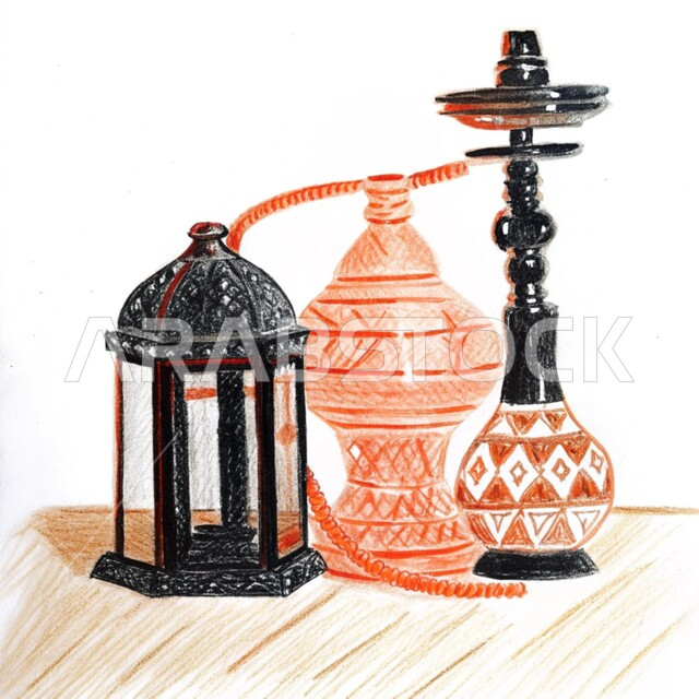 رسم توضيحي لفانوس معدني مزخرف وشيشة عربية, عراقة وأصالة العادات والتقاليد في المملكة العربية السعودية, الصناعات والحرف اليدوية التراثية, معدات ومصنوعات نحاسية شعبية, منتجات محلية وطنية, الأدوات العربية تقليدية المصنوعة من النحاس, خلفية بيضاء