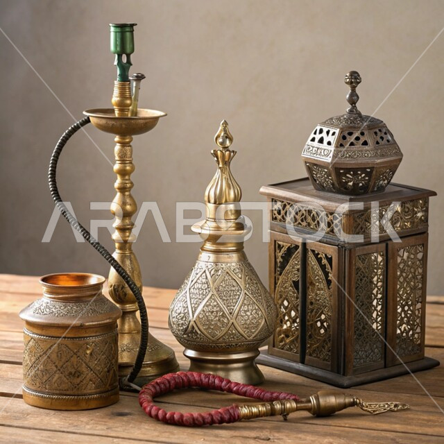 الأدوات العربية تقليدية المصنوعة من النحاس, فانوس معدني مزخرف وشيشة عربية, عراقة وأصالة العادات والتقاليد في المملكة العربية السعودية, الصناعات والحرف اليدوية التراثية, معدات ومصنوعات نحاسية شعبية, منتجات محلية وطنية