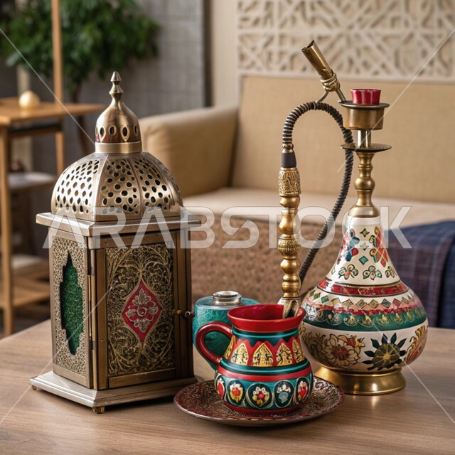 معدات ومصنوعات نحاسية شعبية, منتجات محلية وطنية, الأدوات العربية تقليدية المصنوعة من النحاس, فانوس معدني مزخرف وشيشة عربية, عراقة وأصالة العادات والتقاليد في المملكة العربية السعودية, الصناعات والحرف اليدوية التراثية