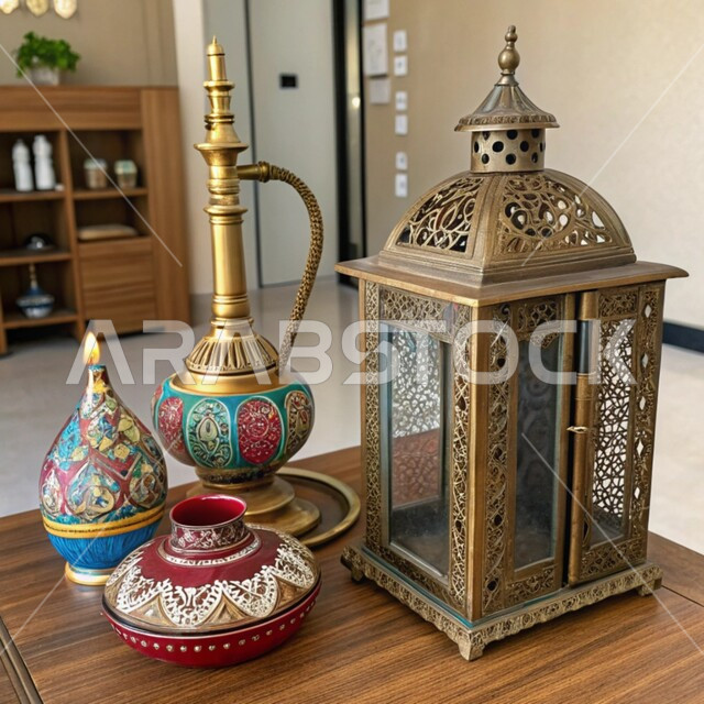 Traditional industries and handicrafts, popular copper equipment and products, local national products, traditional Arab tools made of copper, decorated metal lantern and Arab hookah, the antiquity and authenticity of customs and traditions in the Kingdom of Saudi Arabia