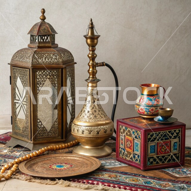 عراقة وأصالة العادات والتقاليد في المملكة العربية السعودية, الصناعات والحرف اليدوية التراثية, معدات ومصنوعات نحاسية شعبية, منتجات محلية وطنية, الأدوات العربية تقليدية المصنوعة من النحاس, فانوس معدني مزخرف وشيشة عربية