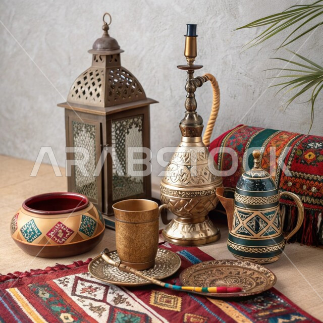 فانوس معدني مزخرف وشيشة عربية, عراقة وأصالة العادات والتقاليد في المملكة العربية السعودية, الصناعات والحرف اليدوية التراثية, معدات ومصنوعات نحاسية شعبية, منتجات محلية وطنية, الأدوات العربية تقليدية المصنوعة من النحاس