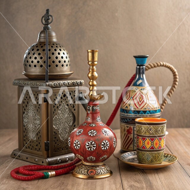 Local national products, traditional folk tools made of copper, decorated metal lantern and Arabic hookah, authenticity and antiquity of customs and traditions in the Kingdom of Saudi Arabia, heritage crafts and handicrafts, copper products and equipment