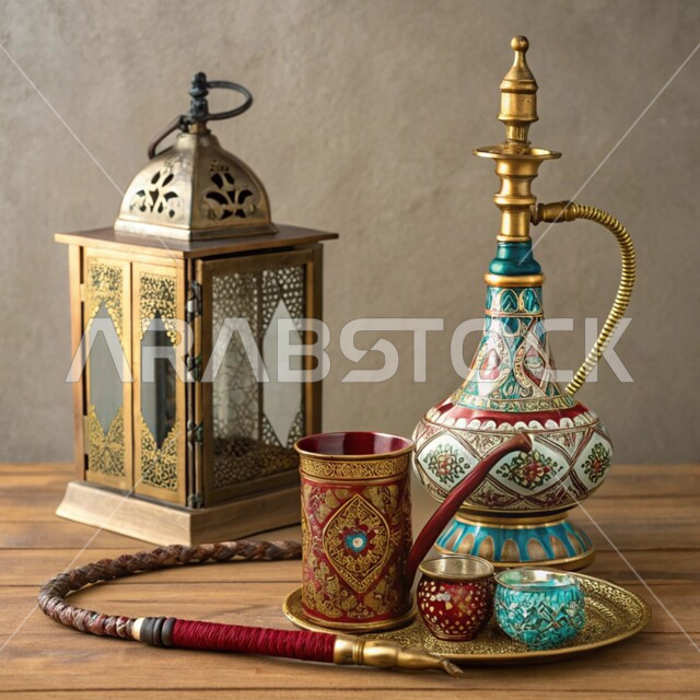 فانوس معدني مزخرف وشيشة عربية, أصالة وعراقة العادات والتقاليد في المملكة العربية السعودية,  الحرف والصناعات اليدوية التراثية, المصنوعات والمعدات النحاسية, منتجات محلية وطنية, الأدوات الشعبية التقليدية المصنوعة من النحاس