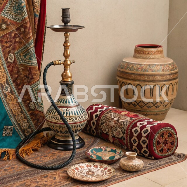 أواني معدنية مزخرفة وشيشة عربية, أصالة وعراقة العادات والتقاليد في المملكة العربية السعودية,  الحرف والصناعات اليدوية التراثية, المصنوعات والمعدات النحاسية, منتجات محلية وطنية, الأدوات الشعبية التقليدية المصنوعة من النحاس