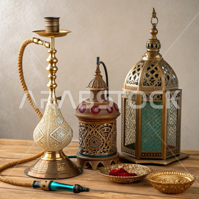 فانوس معدني مزخرف وشيشة عربية, أصالة وعراقة العادات والتقاليد في المملكة العربية السعودية,  الحرف والصناعات اليدوية التراثية, المصنوعات والمعدات النحاسية, منتجات محلية وطنية, الأدوات الشعبية التقليدية المصنوعة من النحاس