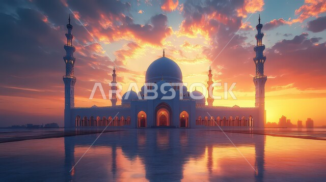 التصاميم والديكورات الخارجية للمساجد في المملكة العربية السعودية في وقت غروب الشمس, نداء المسلمين لأداء الصلوات والفرائض, زينة وإضاءة الأعياد والمناسبات, الفن الهندسي المعماري لبناء الأماكن المقدسة, العبادة و التقرب من الله