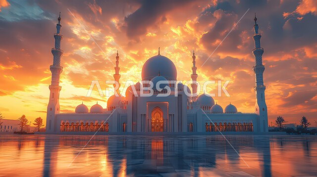 التصاميم والديكورات الخارجية للمساجد في المملكة العربية السعودية في وقت غروب الشمس, نداء المسلمين لأداء الصلوات والفرائض, زينة وإضاءة الأعياد والمناسبات, الفن الهندسي المعماري لبناء الأماكن المقدسة, العبادة و التقرب من الله