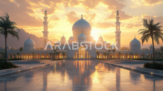 نداء المسلمين لأداء الصلوات والفرائض, التصاميم والديكورات الخارجية للمساجد في المملكة العربية السعودية في وقت غروب الشمس, زينة وإضاءة الأعياد والمناسبات, الفن الهندسي المعماري لبناء الأماكن المقدسة, العبادة و التقرب من الله