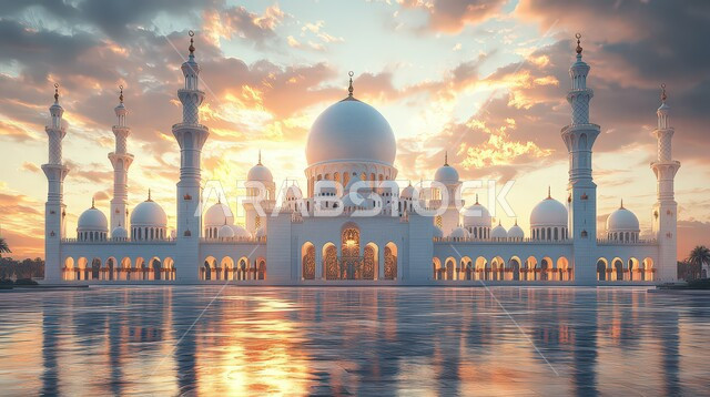 Call of Muslims to perform prayers and duties, exterior designs and decorations of mosques in Saudi Arabia at sunset, decoration and lighting of holidays and occasions, architectural engineering art for building holy places, worship and closeness to God