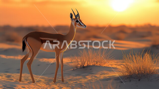 الرمال الذهبية الناعمة، غزال بني اللون يقف وسط الصحراء في وقت غروب الشمس، حيوان المها العربي في أحد المحميات الطبيعية بالمملكة العربية السعودية، مزارع لتربية الحيوانات والماشية