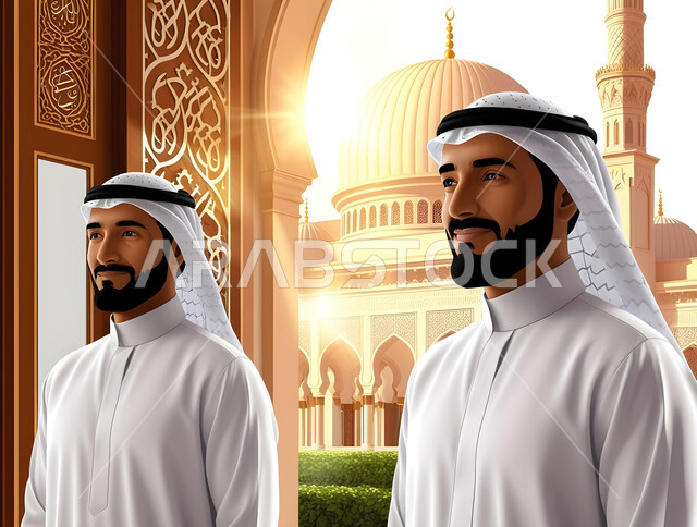 الدعاء و التضرع لرب العباد، أداء فرائض الصلاة بأوقاتها، مفهوم أركان الإسلام، رجلان عربيان خليجيان اماراتيان يرتدون الكندورة والغترة البيضاء يقفون امام المسجد، العبادة والتقرب إلى الله, التصاميم والديكورات الخارجية للمساجد