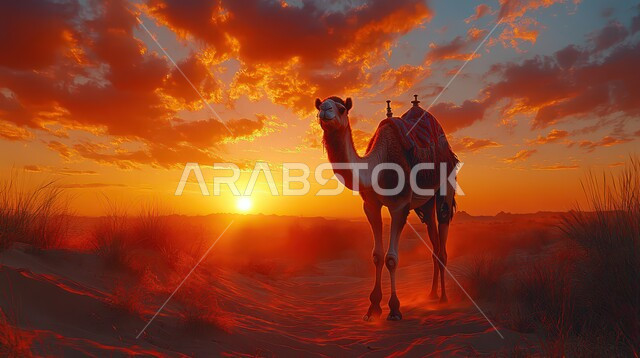 Camel and camel breeding in the nature reserves in the Kingdom of Saudi Arabia, a purebred Arabian camel walking in the middle of the desert at sunset, hills and sand dunes, soft golden sand, care and attention to livestock and mammals in the desert
