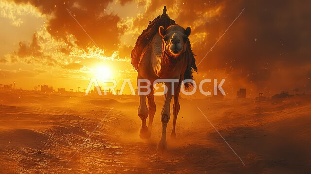 تربية الجمال والابل في المحميات الطبيعية في المملكة العربية السعودية ، جمل عربي أصيل يسير وسط الصحراء في غروب الشمس، التلال و الكثبان الرملية، الرمال الذهبية الناعمة، الاهتمام ورعاية المواشي والثديات في الصحاري