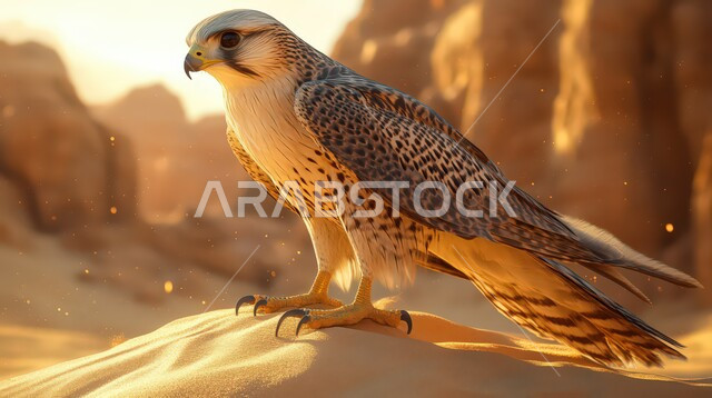 رمز القوة والتحدي، طائر الصقر الجارح يقف على الكثبان الرملية في إحدى المحميات الطبيعية في وقت غروب الشمس، الفخر بالتراث السعودي العريق في تربية الطيور الجارحة والمفترسة، خلفية الصحراء