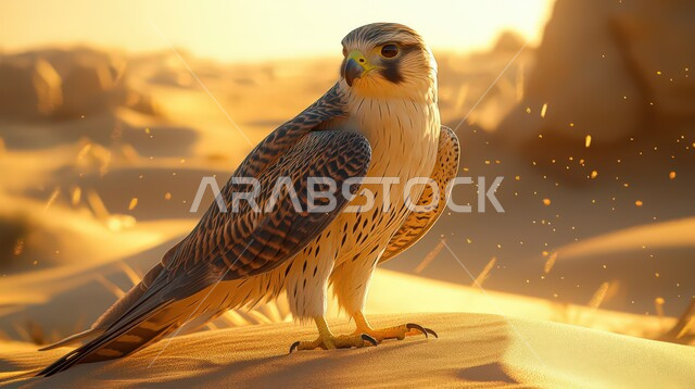 رمز القوة والتحدي، طائر الصقر الجارح يقف على الكثبان الرملية في إحدى المحميات الطبيعية في وقت غروب الشمس، الفخر بالتراث السعودي العريق في تربية الطيور الجارحة والمفترسة، خلفية الصحراء