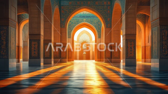 Sacred Islamic places and landmarks, designs of columns and arches in the Islamic style, worship and closeness to God Almighty, decorations and interior designs for building mosques in the Kingdom of Saudi Arabia