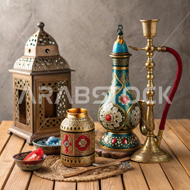 فانوس مزخرف وشيشة عربية, أصالة وعراقة العادات والتقاليد في المملكة العربية السعودية, الحرف والصناعات اليدوية التراثية, مصنوعات ومعدات نحاسية شعبية, منتجات محلية وطنية, الأدوات العربية تقليدية المصنوعة من النحاس