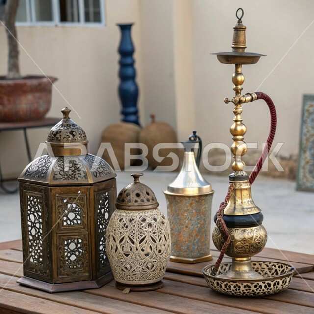 الأدوات العربية تقليدية المصنوعة من النحاس, فانوس مزخرف وشيشة عربية, أصالة وعراقة العادات والتقاليد في المملكة العربية السعودية, الحرف والصناعات اليدوية التراثية, مصنوعات ومعدات نحاسية شعبية, منتجات محلية وطنية