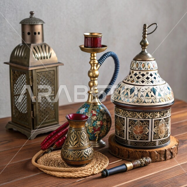 الحرف والصناعات اليدوية التراثية, مصنوعات ومعدات نحاسية شعبية, منتجات محلية وطنية, الأدوات العربية تقليدية المصنوعة من النحاس, فانوس مزخرف وشيشة عربية, أصالة وعراقة العادات والتقاليد في المملكة العربية السعودية