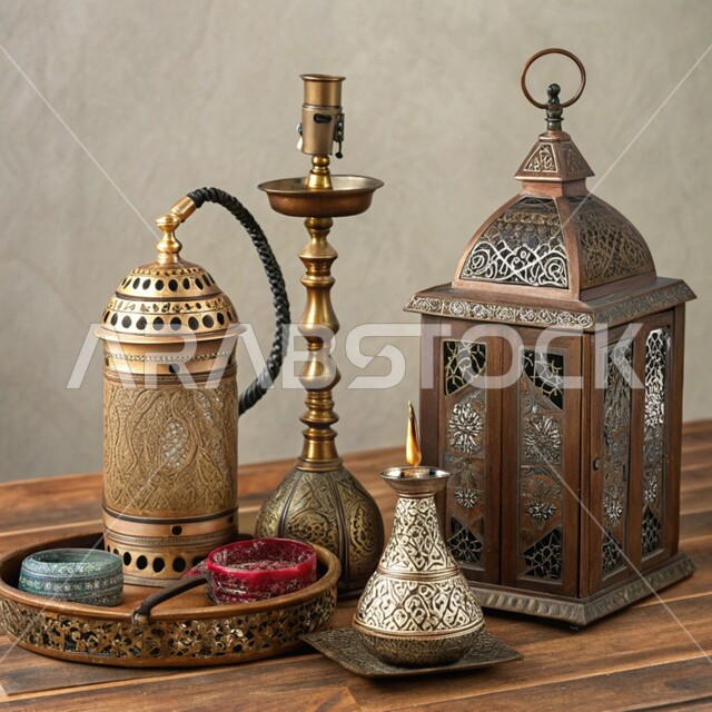 أصالة وعراقة العادات والتقاليد في المملكة العربية السعودية, الحرف والصناعات اليدوية التراثية, مصنوعات ومعدات نحاسية شعبية, منتجات محلية وطنية, الأدوات العربية تقليدية المصنوعة من النحاس, فانوس مزخرف وشيشة عربية