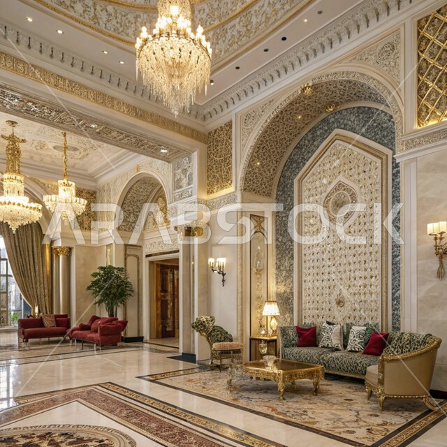 Modern living room interior designs, elegant color reception halls, living room with luxury home furniture, high-end interior decorations for hotels and residential villas in Saudi Arabia, modern accessories and antiques