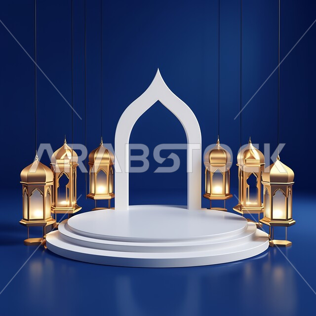 تحف اسلامية تقليدية للاحتفال بقدوم شهر الخير، رسومات ثلاثية الابعاد لفوانيس عربية معلقة معدنية مضيئة, بطاقات تهنئة بمناسبة الأعياد والمناسبات الدينية، إضاءة وزينة المنازل باكسسوارات شهر رمضان, خلفية زرقاء