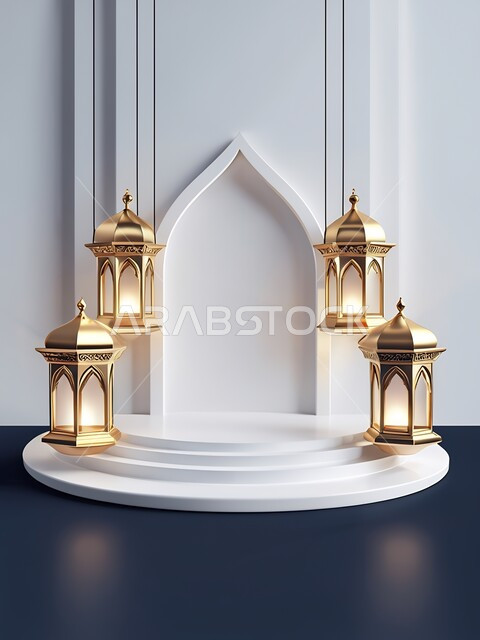 Greeting cards for religious holidays and occasions, 3D graphics of hanging Arabic lanterns with illuminated metal, traditional Islamic artifacts to celebrate the arrival of the month of goodness, lighting and decorating homes with Ramadan accessories, blue background