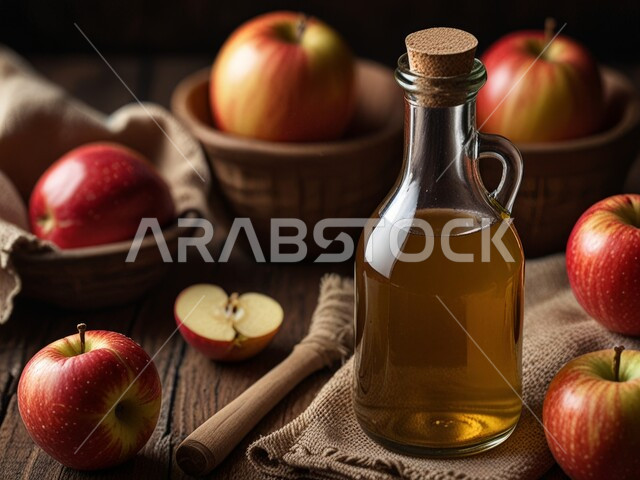 ابريق من الخل السعودي الطبيعي وبجانيه حبات من التفاح الأحمر الطازج, جودة المنتجات الوطنية المحلية في المملكة العربية السعودية, عصير التفاح المتخلل على طاولة خشبية, المواد الغذائية الطبيعية الصحية