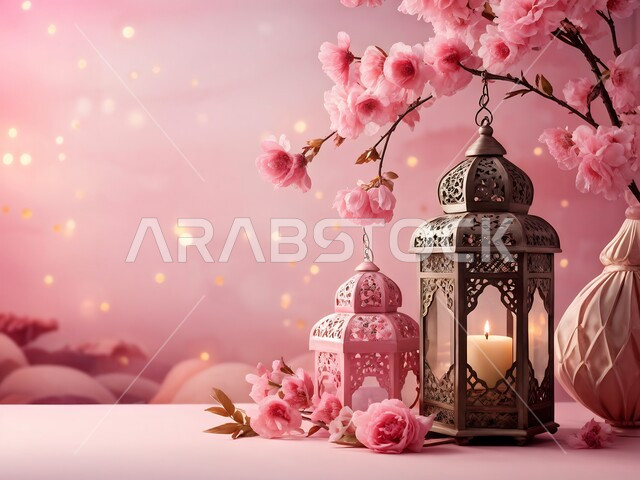 3D Artifacts and Accessories, Celebrating Holidays and Religious Occasions, Preparing for the Holy Month of Ramadan, Islamic Decorations and Lights, Spiritual Ramadan Atmosphere, Traditional Metal Lanterns, Pink Background