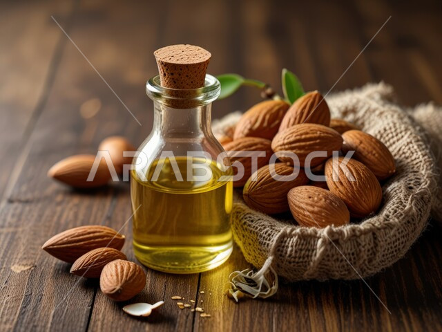 جودة المنتجات الوطنية المحلية في المملكة العربية السعودية, زجاجة من زيت اللوز السعودي الطبيعي وبجانبها حبات من اللوز على طاولة خشبية, المواد الغذائية الطبيعية الصحية