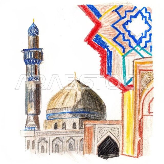 رسومات توضيحية ثلاثية الأبعاد لمسجد إسلامي، الفن الهندسي المعماري للقبب والمآذن على الطراز الحديث، نداء المسلمين لآداء الفرائض والصلوات، العبادة والتقرب إلى الله تعالى، خلفيه بيضاء