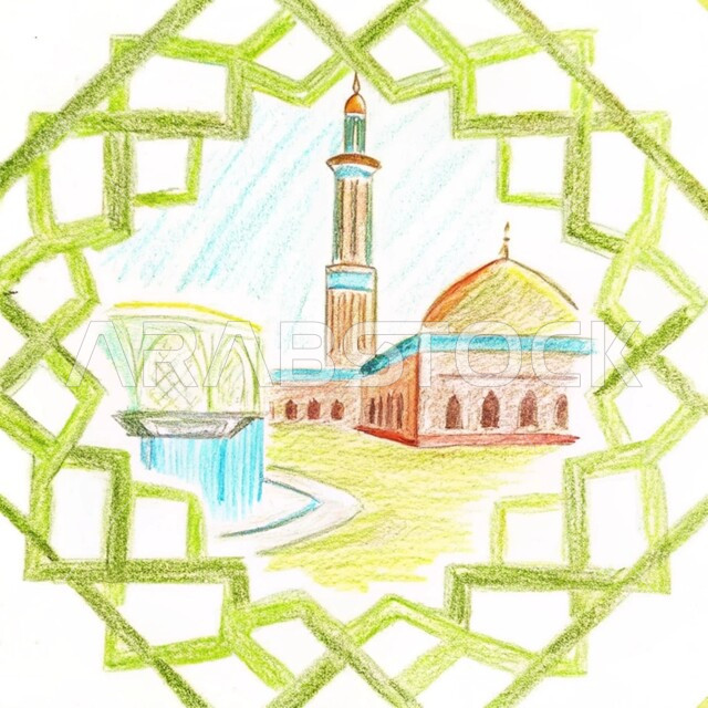 Modern style architectural art of domes and minarets, 3D illustration of an Islamic mosque, Muslims call to perform religious duties and prayers, worship and get closer to Allah Almighty, white background