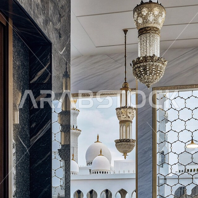 التصاميم والديكورات الداخلية المتميزة للمساجد على الطراز الحديث، صورة من الداخل لثرية معلقة في سقف المسجد، الاجواء الدينية الروحانية، أماكن ومعالم إسلامية مقدسة، النقوش والزخارف الملونة على الأعمدة والجدران والقبب