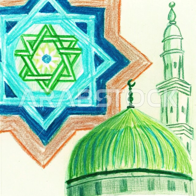 رسومات توضيحية ثلاثية الأبعاد لمسجد إسلامي، الفن الهندسي المعماري للقبب والمآذن على الطراز الحديث، نداء المسلمين لآداء الفرائض والصلوات، العبادة والتقرب إلى الله تعالى