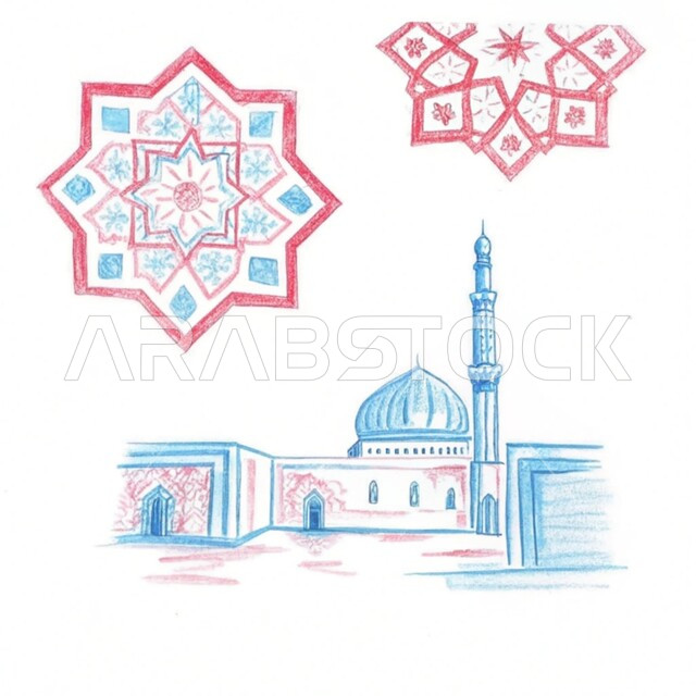 الفن الهندسي المعماري للقبب والمآذن على الطراز الحديث، رسومات توضيحية ثلاثية الأبعاد لمسجد إسلامي، نداء المسلمين لآداء الفرائض والصلوات، العبادة والتقرب إلى الله تعالى ، خلفية بيضاء