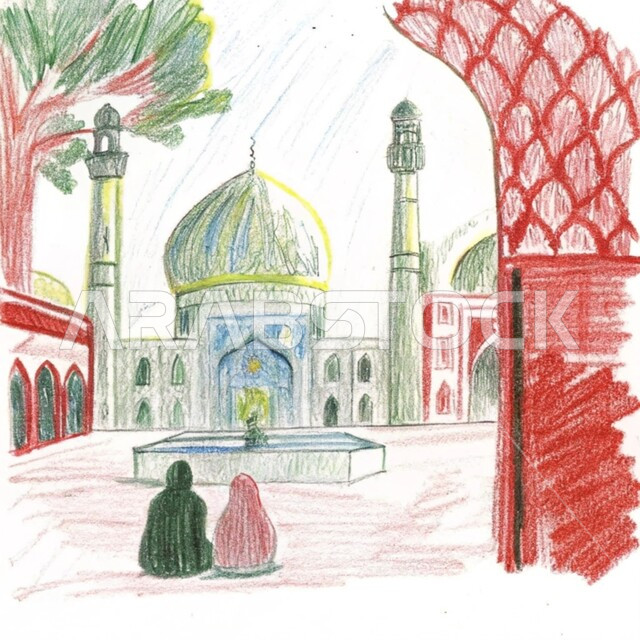 الفن الهندسي المعماري للقبب والمآذن على الطراز الحديث، رسومات توضيحية ثلاثية الأبعاد لمسجد إسلامي، نداء المسلمين لآداء الفرائض والصلوات، العبادة والتقرب إلى الله تعالى ، خلفية بيضاء