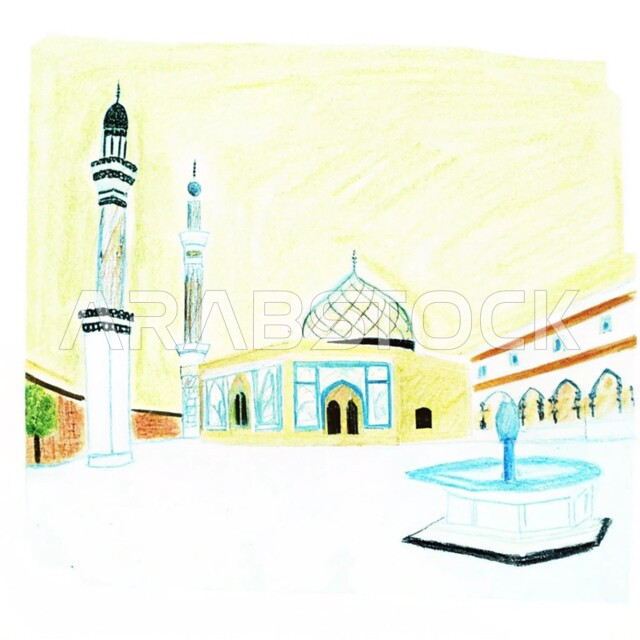 Worship and getting closer to Allah Almighty, architectural engineering art of domes and minarets in modern style, 3D illustrations of an Islamic mosque, Muslims calling to perform their duties and prayers, white background