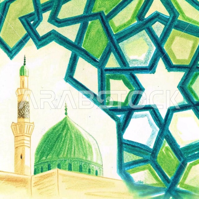 العبادة والتقرب إلى الله تعالى ، الفن الهندسي المعماري للقبب والمآذن على الطراز الحديث، رسومات توضيحية ثلاثية الأبعاد لمسجد إسلامي، نداء المسلمين لآداء الفرائض والصلوات، خلفية بيضاء