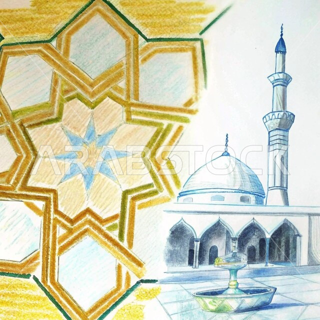 Worship and getting closer to Allah Almighty, architectural engineering art of domes and minarets in modern style, 3D illustrations of an Islamic mosque, Muslims calling to perform their duties and prayers, white background