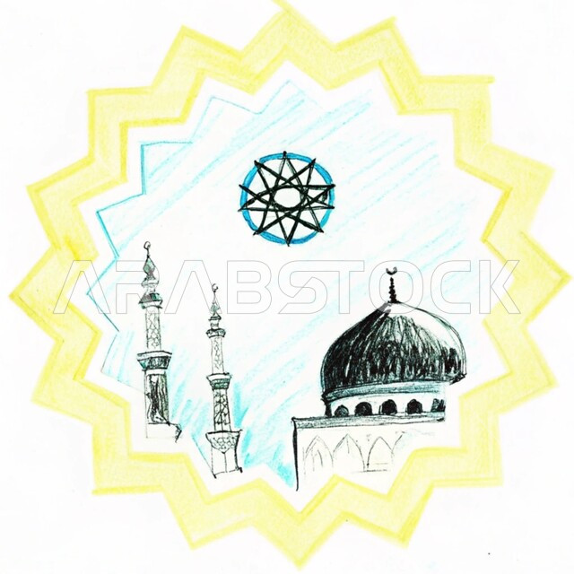رسومات توضيحية ثلاثية الأبعاد لمسجد إسلامي، الفن الهندسي المعماري للقبب والمآذن على الطراز الحديث، نداء المسلمين لآداء الفرائض والصلوات، العبادة والتقرب إلى الله تعالى، خلفيه بيضاء